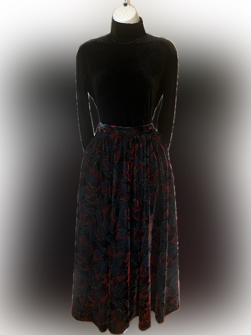Vintage Black Velvet Maxi Skirt with Pockets, Dark Moody Floral with Gold